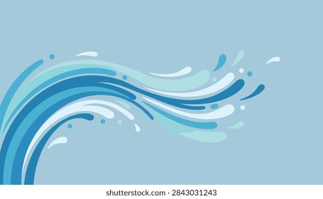 Vibrant flat vector illustration of blue ocean waves with water splashes flowing against a light background.