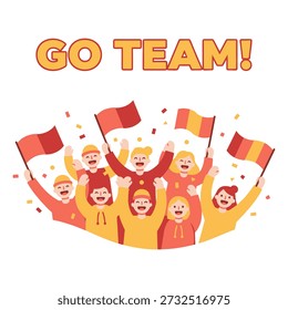 A vibrant, flat vector illustration of a cheering crowd of stylized fans celebrating in unison. The scene features nine characters arranged in a semi-circle, shown from the chest up, conveying energy, joy, and team spirit. The illustration is set against a crisp white background, making the warm red, yellow, and orange tones pop with bold clarity.
