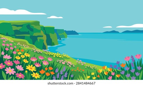 A vibrant flat vector illustration of the Cliffs of Moher in Ireland, featuring a grassy meadow filled with colorful wildflowers overlooking the blue ocean.