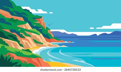 A vibrant flat vector illustration of a coastal landscape featuring steep cliffs, green hills, and a calm blue ocean under a clear sky.