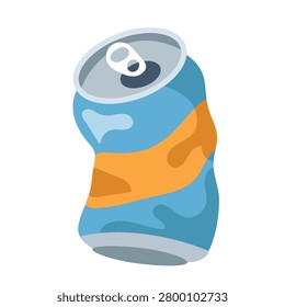 A vibrant flat vector illustration of a crushed blue and orange aluminum can, ideal for environmental, recycling, and waste management graphics. Perfect for infographics or design elements.