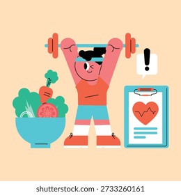 Vibrante Ilustración vectorial plana de una joven decidida levantando una barra sobre la cabeza acompañada de un tazón de ensalada verde saludable y una carta de informe de salud médica con un ícono del corazón que representa el equilibrio perfecto entre el ejercicio físico, la nutrición y el monitoreo de la salud para las plataformas de bienestar modernas.