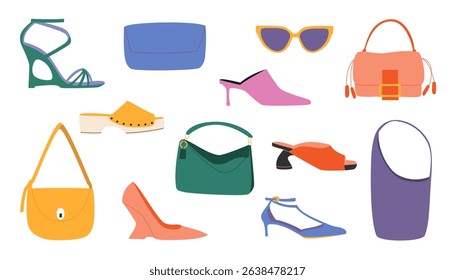 Vibrant flat vector illustration featuring a modern collection of women’s fashion accessories. Perfect for fashion branding, online boutiques, beauty blogs, packaging design and editorial content. 