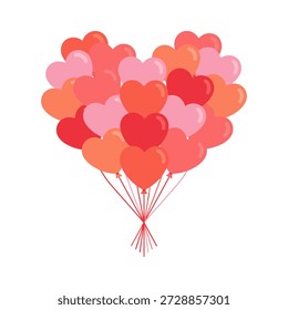 A vibrant flat vector illustration featuring a bouquet made entirely of heart-shaped balloons forming one giant heart. About 20 individual balloons in shades of red, coral, salmon, dusty pink, and bubblegum are layered to create depth and fullness, tied together at the base with strings fanning out naturally. Soft white highlights give the balloons a shiny, playful appearance. Perfect for Valentine’s Day, weddings, celebrations, or romantic designs.