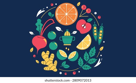 A vibrant flat vector illustration featuring a circular arrangement of various fruits and vegetables against a dark blue background.