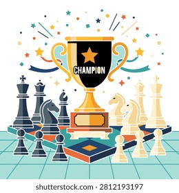 A vibrant, flat vector illustration featuring a golden 1st place championship trophy set on a colorful geometric chessboard, representing a chess tournament victory with confetti and celebration elements.