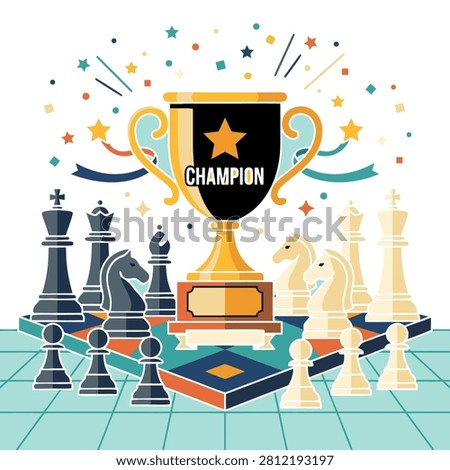 A vibrant, flat vector illustration featuring a golden 1st place championship trophy set on a colorful geometric chessboard, representing a chess tournament victory with confetti and celebration elements.