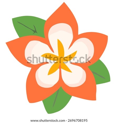 A vibrant, flat vector illustration of a five-petaled tropical flower, likely a frangipani (Plumeria), in orange and white or pink with green leaves, against a white background.