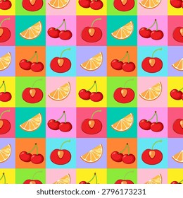 Vibrant flat vector illustration of fruit icons arranged in a repeating multicolored checkerboard grid.