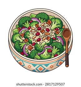 A vibrant flat vector illustration of a healthy fresh broccoli salad.