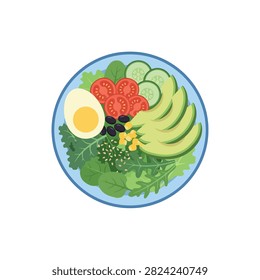A vibrant flat vector illustration of a healthy salad bowl with fresh vegetables and boiled egg.