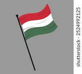 Vibrant Flat Vector Illustration of the Hungarian Flag Waving on a Flagpole, Isolated Against a Gray Background - Editable and Scalable EPS File for Design Projects