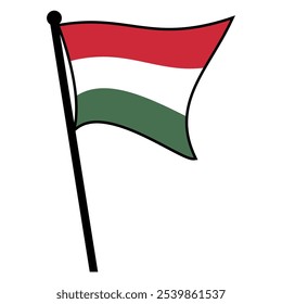 Vibrante Ilustración vectorial plana de la bandera húngara ondeando en un asta de la bandera, aislada contra un fondo blanco - Archivo EPS editable y escalable para proyectos de diseño