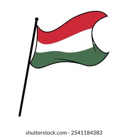 Vibrant Flat Vector Illustration of the Hungarian Flag Waving on a Flagpole, Isolated Against a White Background - Editable and Scalable EPS File for Design Projects