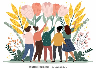 Una vibrante Ilustración vectorial plana para el Día Internacional de la Mujer (8 de marzo). El diseño muestra a un grupo diverso de mujeres juntas, sosteniendo tulipanes y ramas de mimosa de gran tamaño, que simbolizan el crecimiento, la Asistencia y la fuerza colectiva. Esta composición multiétnica celebra la hermandad y el empoderamiento femenino. Es perfecto para tarjetas de felicitación navideñas, Anuncios de redes sociales, carteles comunitarios, marketing centrado en la diversidad y encabezados de Sitio web. Diseño botánico limpio con un enfoque en la unidad y vibraciones positivas de primavera.