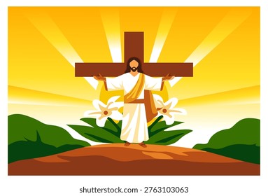 A vibrant flat vector illustration of Jesus Christ standing on a hill with open arms, positioned in front of a large wooden cross. The background features a brilliant yellow sunburst with rays of light and white Easter lilies in bloom. This religious scene symbolizes the resurrection, hope, and victory of faith, making it perfect for Easter greetings, church bulletins, and spiritual digital content