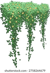 A vibrant flat vector illustration of a lush hanging plant featuring long cascading vines and small yellow flowers. Isolated on a white background, perfect for interior design mockups, vertical garden themes, and floral decorations.