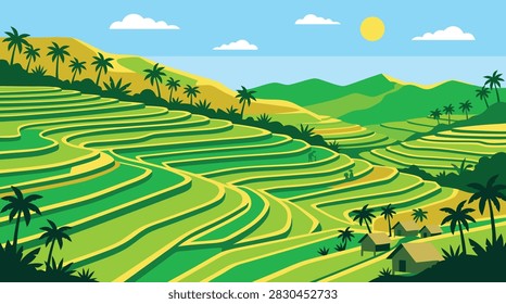 A vibrant flat vector illustration of lush green rice terraces in a tropical landscape with palm trees, small huts, and mountains under a sunny sky.