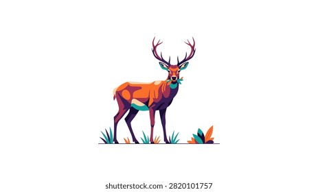 A vibrant, flat vector illustration of a majestic buck with large antlers standing against a white background. The deer is depicted with a colorful palette of orange, purple, and teal, holding green leaves in its mouth. The minimalist design uses geometric shapes and clean lines to create a modern and artistic representation of wildlife.