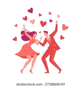 A vibrant flat vector illustration of a man and woman dancing joyfully against a white background. Warm shades of pink, red, and coral highlight movement and romance, while floating hearts add a playful Valentine’s Day vibe. Smooth, minimalist shapes and energetic poses capture love, happiness, and celebration, ideal for greeting cards, party invitations, or romantic designs.