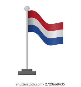 Vibrante Ilustración vectorial plana de la bandera nacional de los Países Bajos, con rayas rojas, blancas y azules ondeando en un asta de la bandera, que representa la herencia e independencia holandesas.