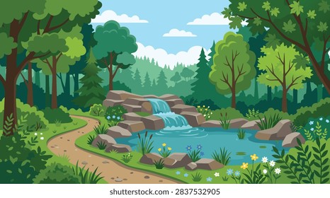 A vibrant flat vector illustration of a peaceful forest landscape featuring a winding dirt path, a small waterfall, and a serene pond surrounded by lush trees.