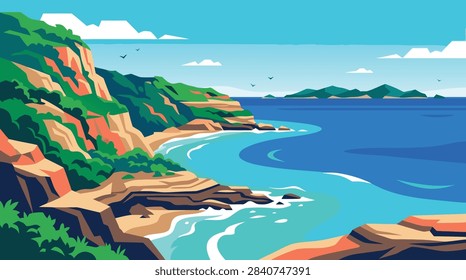 A vibrant flat vector illustration of a scenic coastal landscape with rocky cliffs, sandy beaches, and calm blue ocean waters under a clear sky.