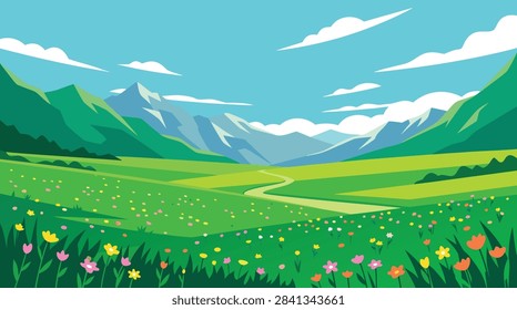 A vibrant flat vector illustration of a scenic mountain landscape with a winding path through a blooming wildflower meadow under a clear blue sky.
