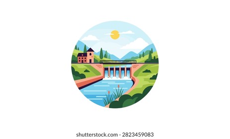 A vibrant flat vector illustration set within a circular frame depicting a hydroelectric dam. The scene features water flowing through the dam gates into a river, with a bridge crossing above. A small house sits on the riverbank amidst rolling green hills and lush trees, with distant blue mountains under a sunny sky.