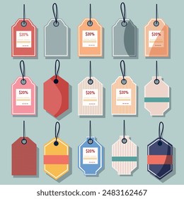 A vibrant flat vector illustration showcases a collection of decorative labels. Each label features a unique design, bursting with bold colors and playful shapes.  