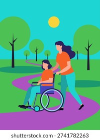 A vibrant flat vector illustration shows a compassionate caregiver pushing a woman in a wheelchair along a winding path in a sunny park, symbolizing support, friendship, and outdoor accessibility. This image conveys themes of care, inclusion, and enjoying nature together.