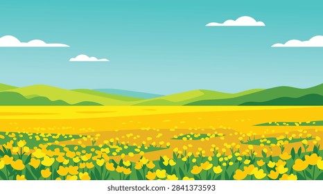 A vibrant flat vector illustration of a sunny meadow filled with yellow flowers, rolling green hills, and a clear blue sky with fluffy white clouds.