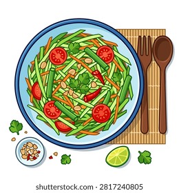 A vibrant flat vector illustration of a traditional Thai papaya salad.