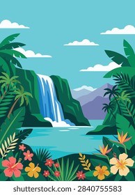 A vibrant flat vector illustration of a tropical waterfall cascading into a serene lagoon surrounded by lush jungle foliage and exotic flowers.