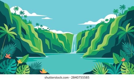 A vibrant flat vector illustration of a tropical jungle landscape featuring a cascading waterfall, lush green cliffs, palm trees, and a serene blue lake.