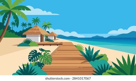 A vibrant flat vector illustration of a tropical beach resort with wooden boardwalks leading to thatched huts under a sunny blue sky.