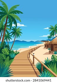 A vibrant flat vector illustration of a tropical beach resort with a wooden boardwalk, palm trees, and thatched bungalows under a clear blue sky.