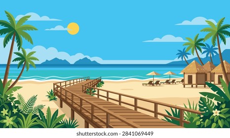 A vibrant flat vector illustration of a tropical beach resort with a wooden pier, palm trees, thatched huts, and a sunny blue sky.
