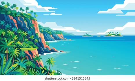 A vibrant flat vector illustration of a tropical coastline with steep cliffs, lush palm trees, and calm turquoise ocean water under a clear blue sky.
