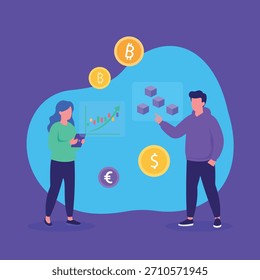 A vibrant flat vector illustration of two financial professionals analyzing the digital finance market. A man and a woman stand within a neon grid, looking at holographic displays featuring a cryptocu