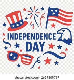 Vibrant flat vector illustration for US Independence Day celebrations, perfect for invitations, social media, decorations, stickers, patriotic projects. Iconic American symbols. Transparent background
