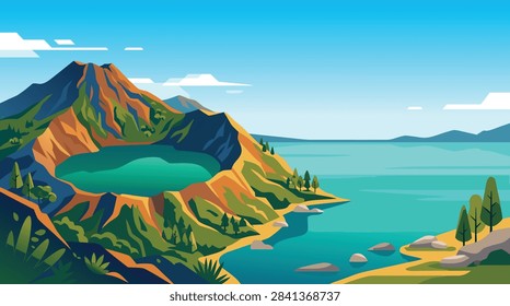 A vibrant flat vector illustration of a volcanic crater lake surrounded by lush green mountains and trees under a clear blue sky.