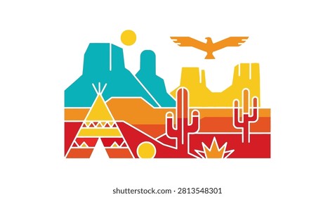 A vibrant flat vector illustration of a western desert scene with a teepee cacti mesa formations and an eagle flying in the sky