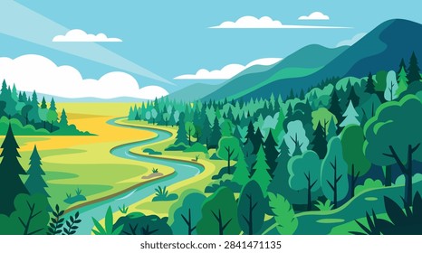 A vibrant flat vector illustration of a winding river flowing through a lush green valley with mountains and forest under a clear blue sky.