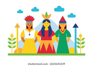 Vibrant flat vector of indigenous people in cultural attire, surrounded by tribal patterns and natural elements. Perfect for heritage, diversity, and tradition-themed creative projects.