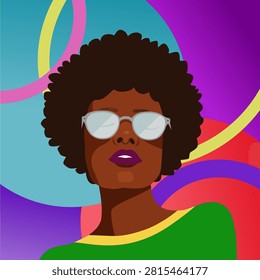Vibrant flat vector portrait of an attractive Black woman with stylish afro hair wearing white sunglasses. Set against a colorful psychedelic abstract background in purple, pink, green, and orange tones. Perfect for trendy fashion posters, diversity campaign graphics, music event flyers, avatar art, and modern wall decor.