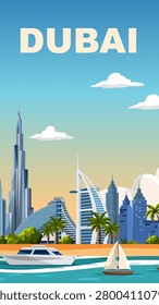 A vibrant flat vector poster of Dubai city skyline with skyscrapers, palm trees, and boats