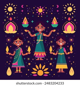 Un vibrante escenario de Vector estalla con la alegría de Diwali. Tres mujeres, adornadas con saris de colores, bailan con gracia bajo un cielo estrellado nocturno. Brillantes diyas iluminan la escena, arrojando un cálido resplandor. 