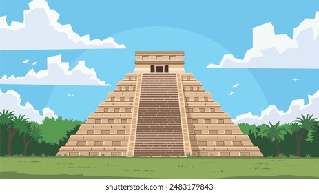 A vibrant flat vector scene showcases Chichen Itza's wonder. The iconic El Castillo pyramid rises in the center, its stepped sides adorned with hints of Mayan glyphs.