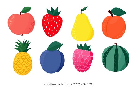 Vetor plano vibrante conjunto de nove frutas coloridas, maçã, morango, pera, damasco, abacaxi, ameixa, framboesa, melancia com folhas verdes que se destacam em um fundo branco.